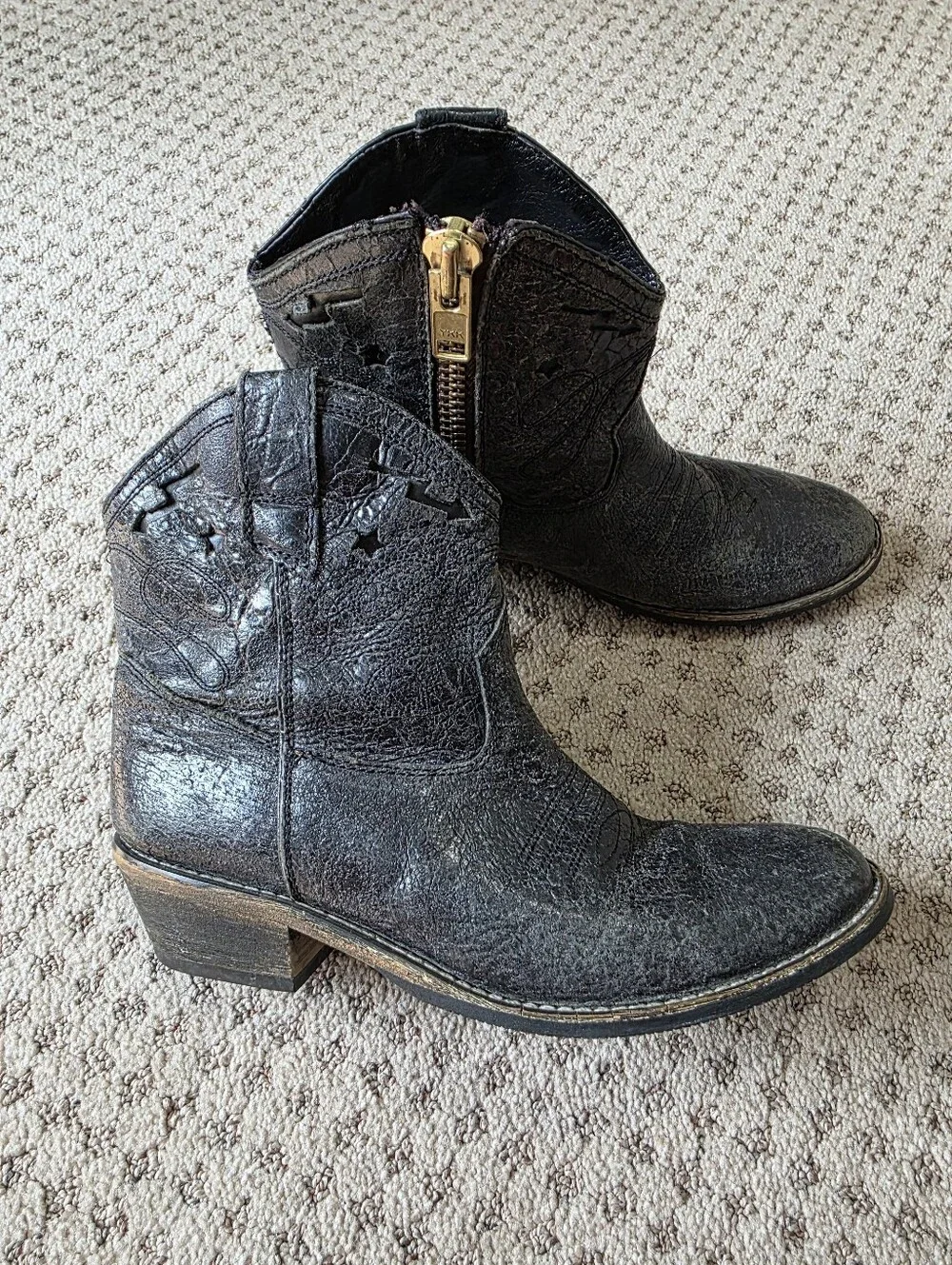 Steven By Steve Madden Black Leather Western Ankle Booties with Gold Zip